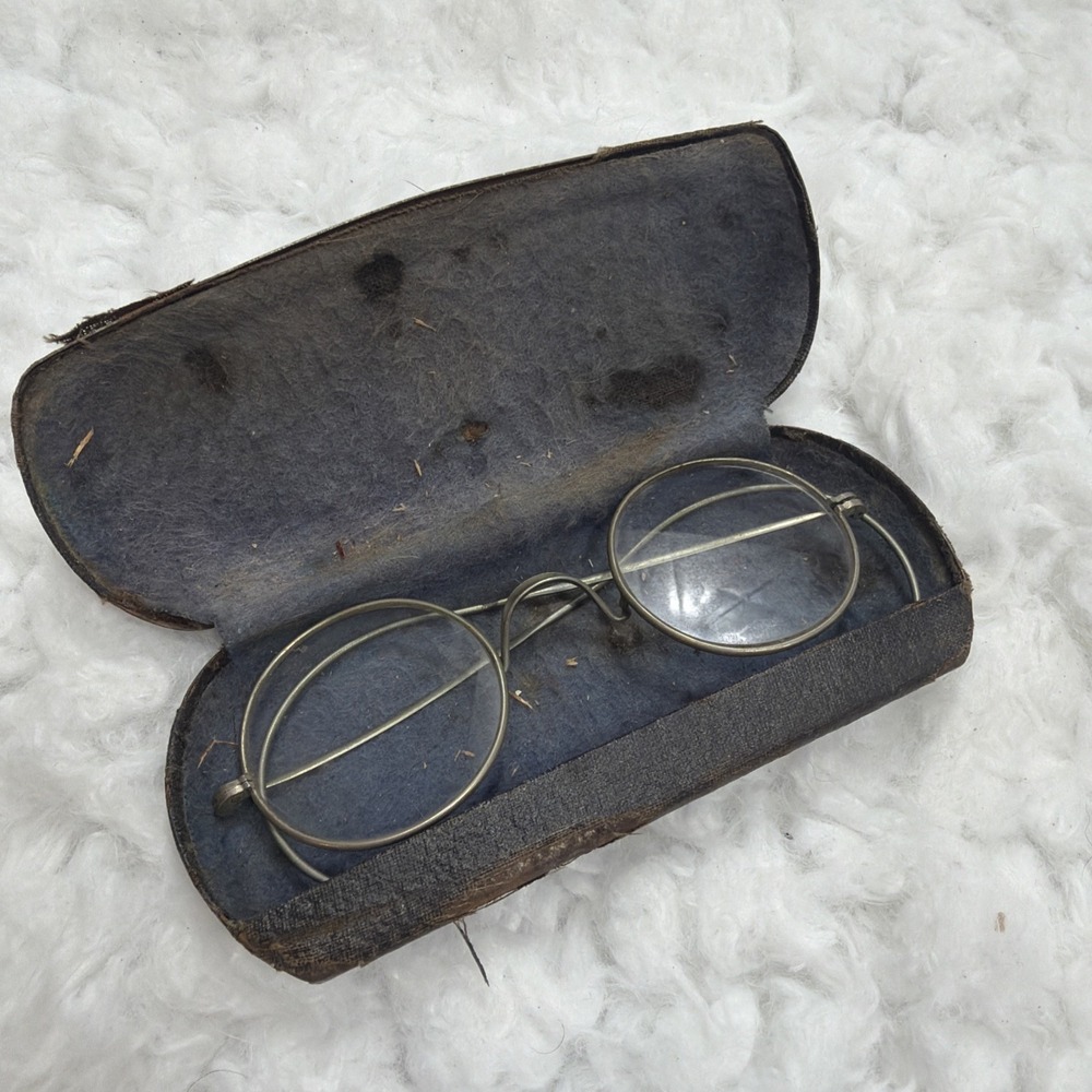 Antique Glasses Wire Silver Wire Rim Round Early 1900's Vintage Optical Wig Case